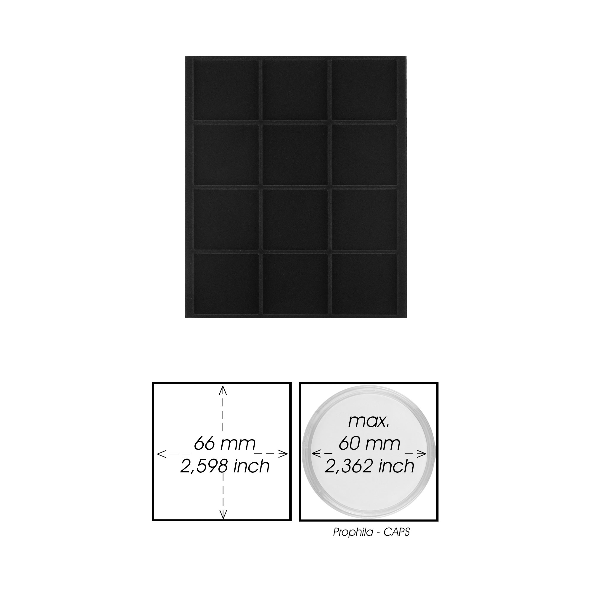 Prophila Collection schwarze Veloureinlage fr Mnzbox, 12 eckige Fcher fr Mnzen bis 66 mm