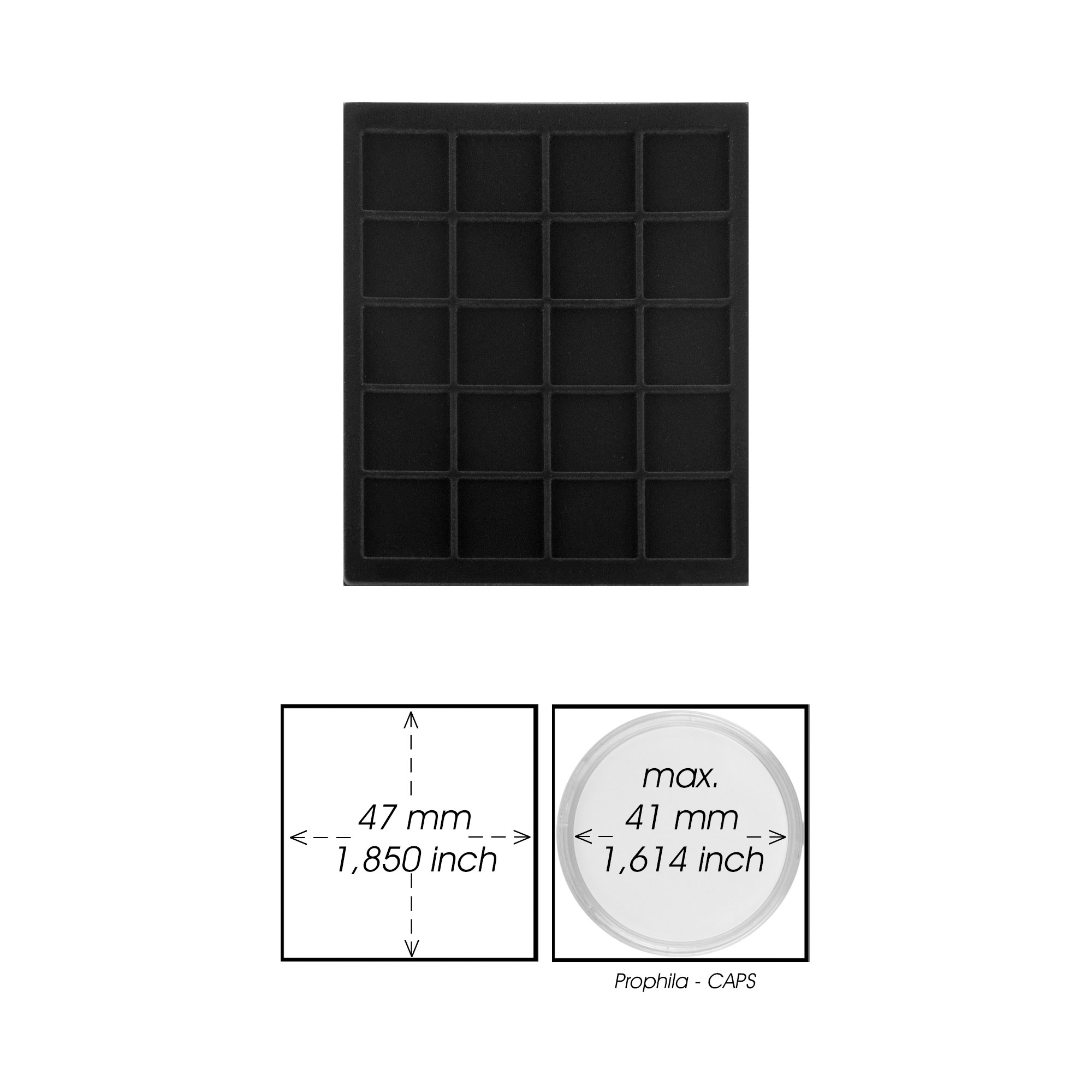 Prophila Collection schwarze Veloureinlage fr Mnzbox, 20 eckige Fcher fr Mnzen oder Medaillen bis 47 mm