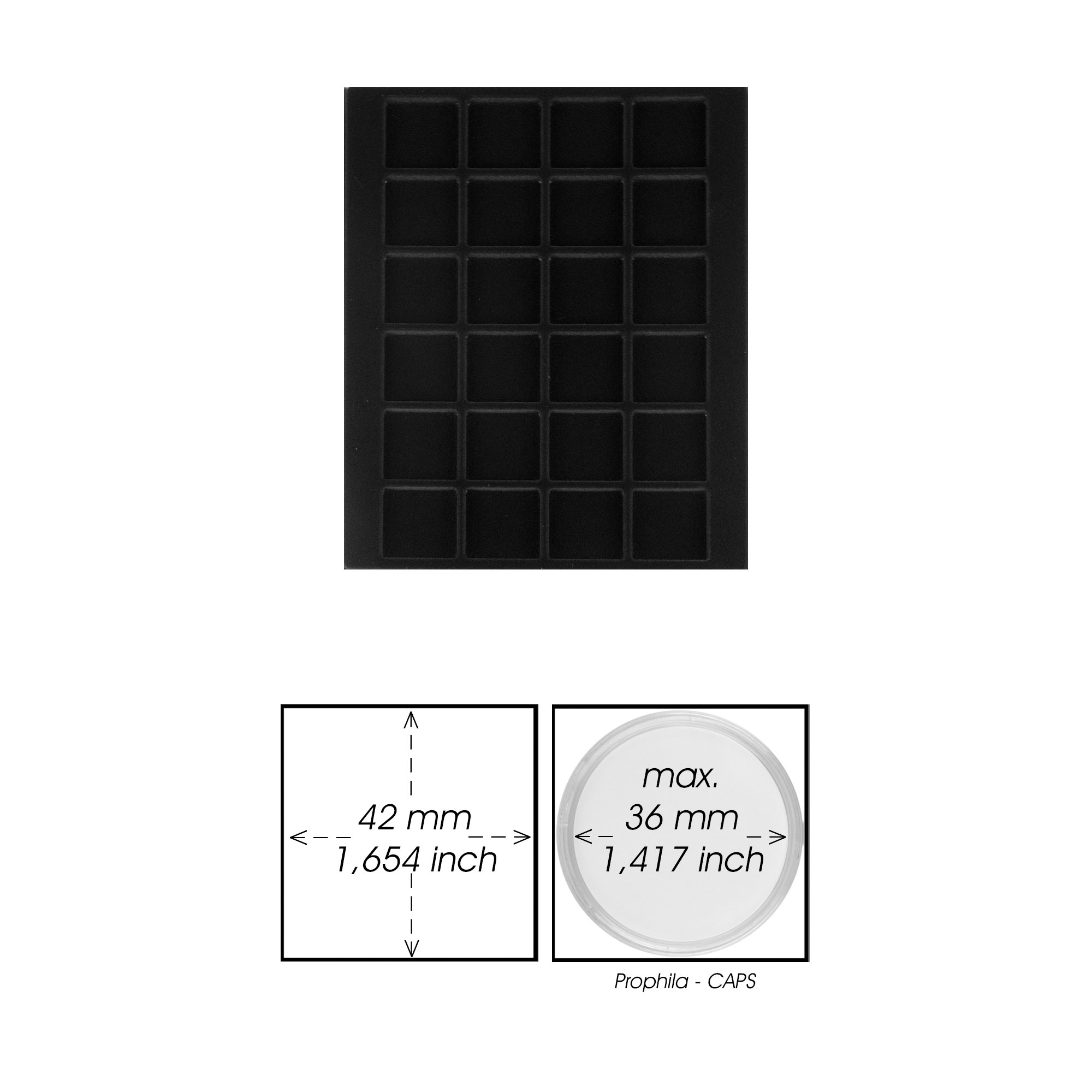 Prophila Collection schwarze Veloureinlage fr Mnzbox, 24 eckige Fcher fr Mnzen bis 42mm, z. B. Eagle, Calgary
