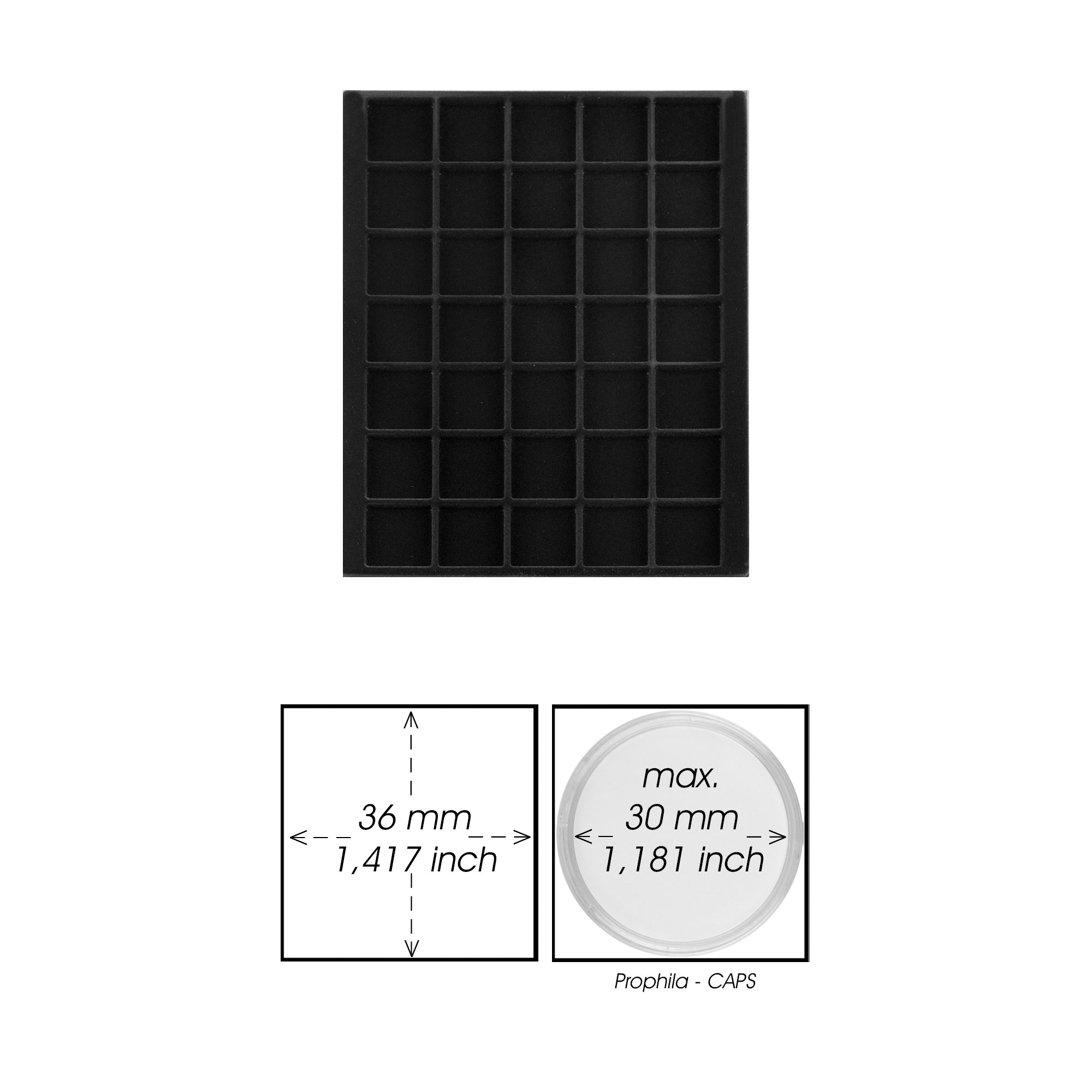 Prophila Collection schwarze Veloureinlage fr Mnzbox, 35 eckige Fcher fr Mnzen bis 36 mm, z. B. 10 DM, 10 Euro, 5 Rubel