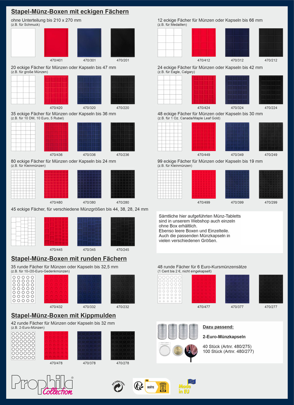 Prophila Collection Mnzbox grau 42 runde Fcher fr 2-Euro-Mnzen in Kapseln, Blaue Einlage