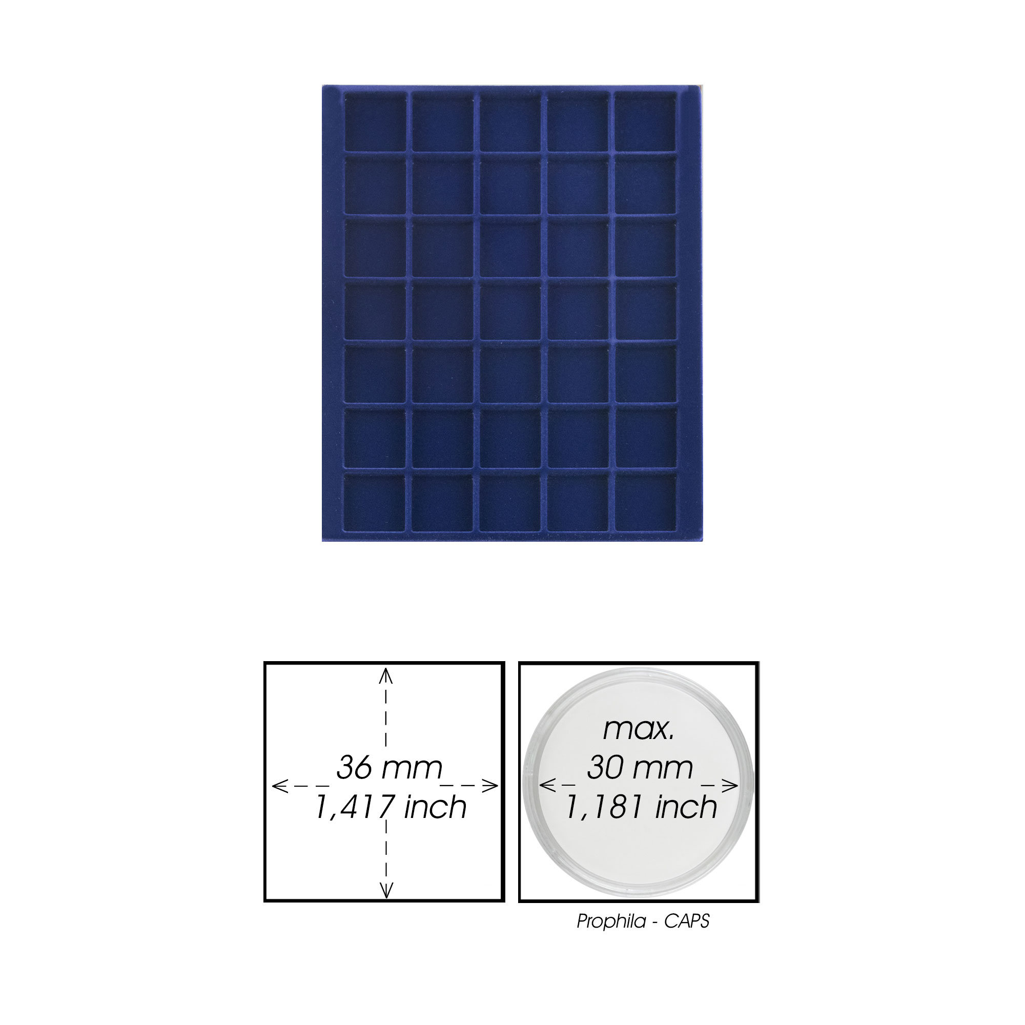 Prophila Collection blaue Veloureinlage fr Mnzbox, 35 eckige Fcher fr Mnzen bis 36 mm, z. B. 10 DM, 10 Euro, 5 Rubel