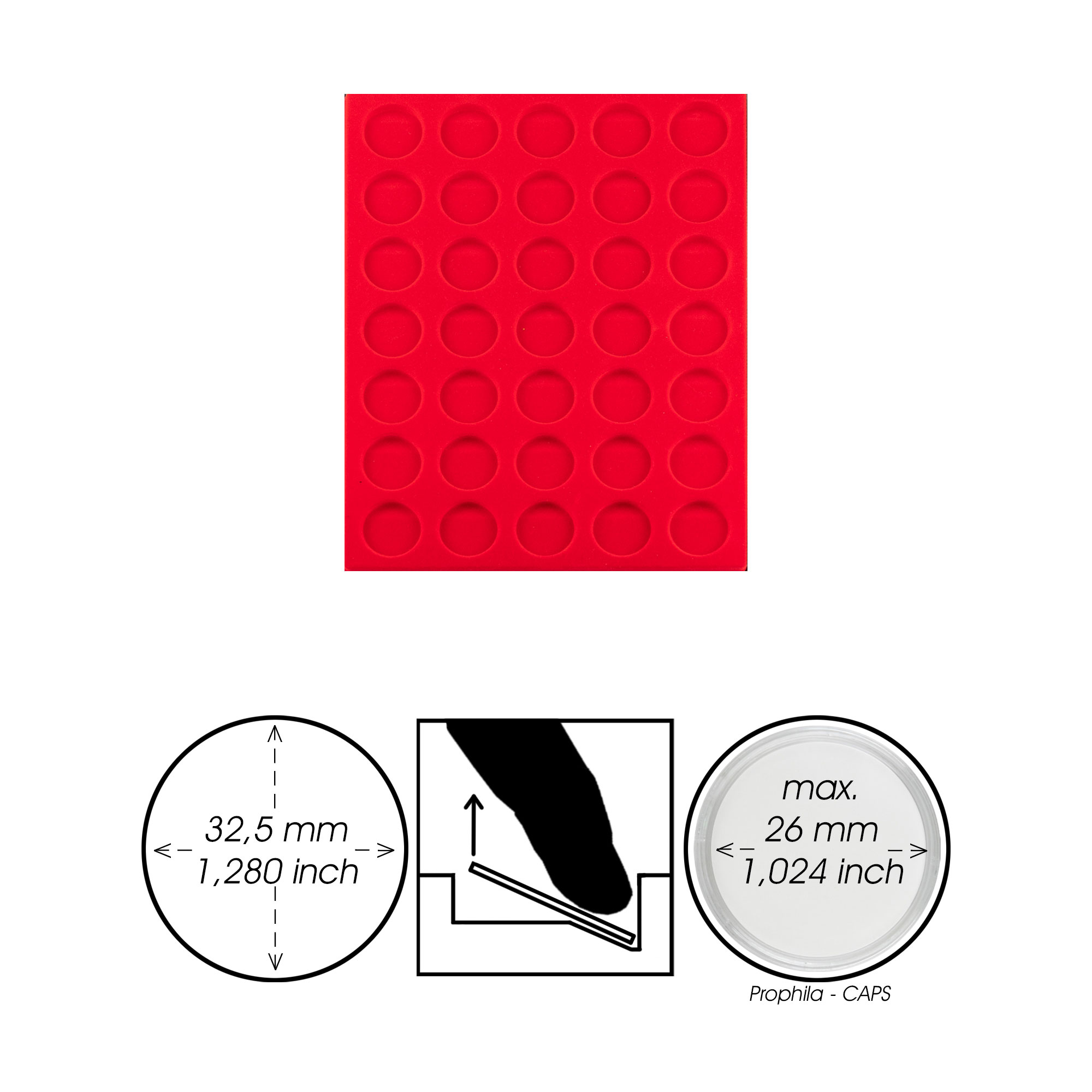 Prophila Collection rote Veloureinlage fr Mnzbox, 35 runde Fcher fr Mnzen bis 32,5mm (10-/20-Euro-Gedenkmnzen)